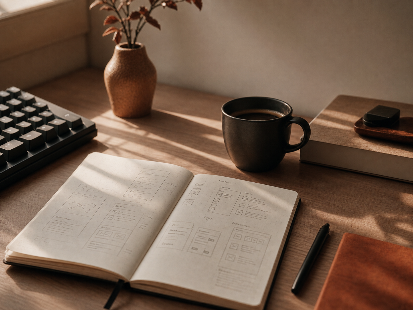 Notebook, coffee, and keyboard on a warm studio desk